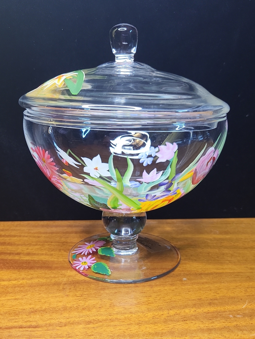 Hand-Painted Floral Glass Compote with Lid